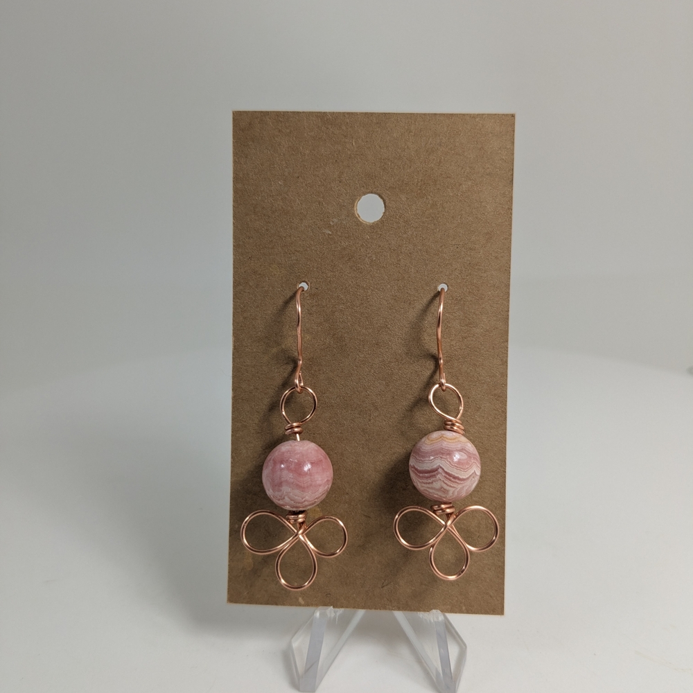 Rhodonite Artisan Earrings, Gemstone Jewelry, Copper Wire Wrapped, Dangle Drop